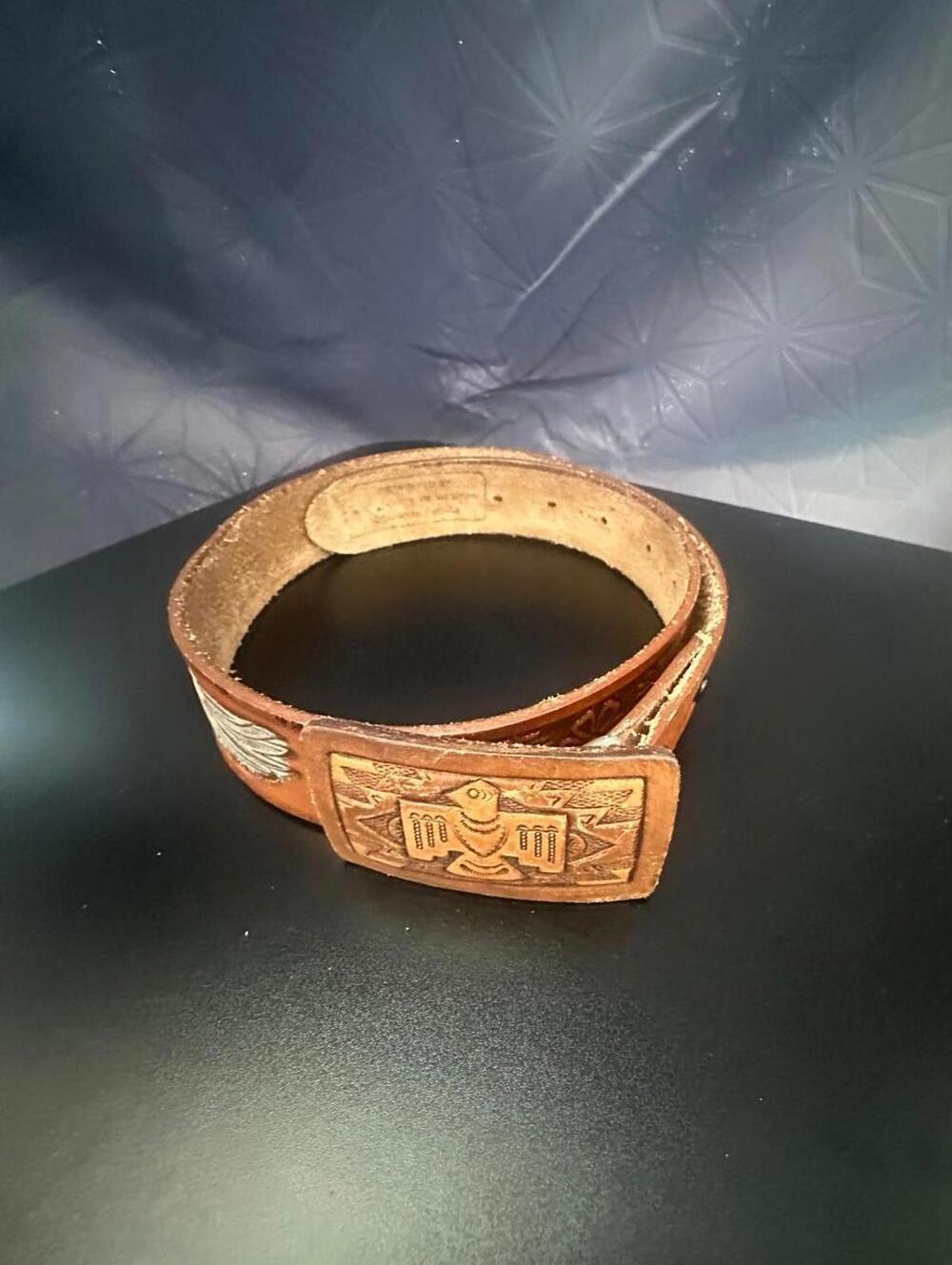 Vtg Brown Tooled Leather Aztec Eagle on Buckle and Back Belt Made in Canada - 34